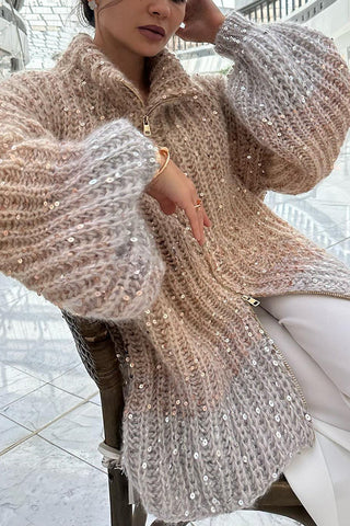 Warme, glänzende Herz-Strickjacke mit Pailletten, Ballonärmeln, Reißverschluss am Hals und lockerem Schnitt 