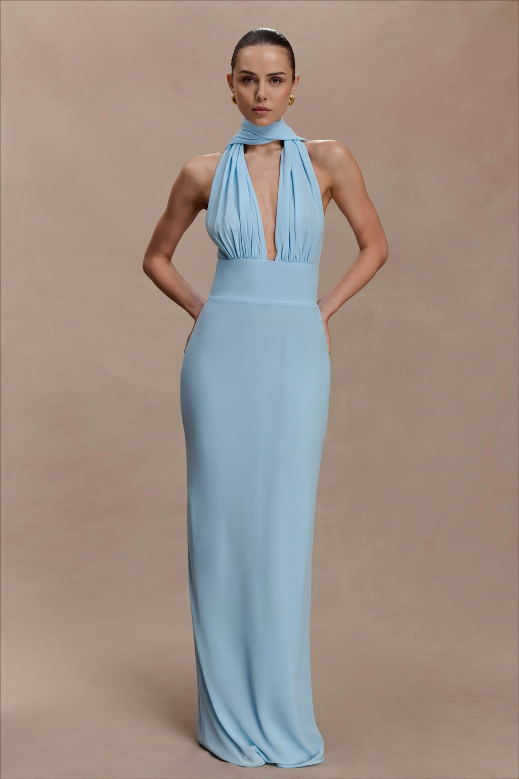 Polka Dot Deep V Tie Bodycon Maxi Dress