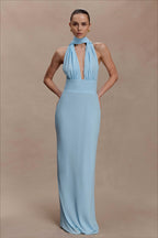 Polka Dot Deep V Tie Bodycon Maxi Dress