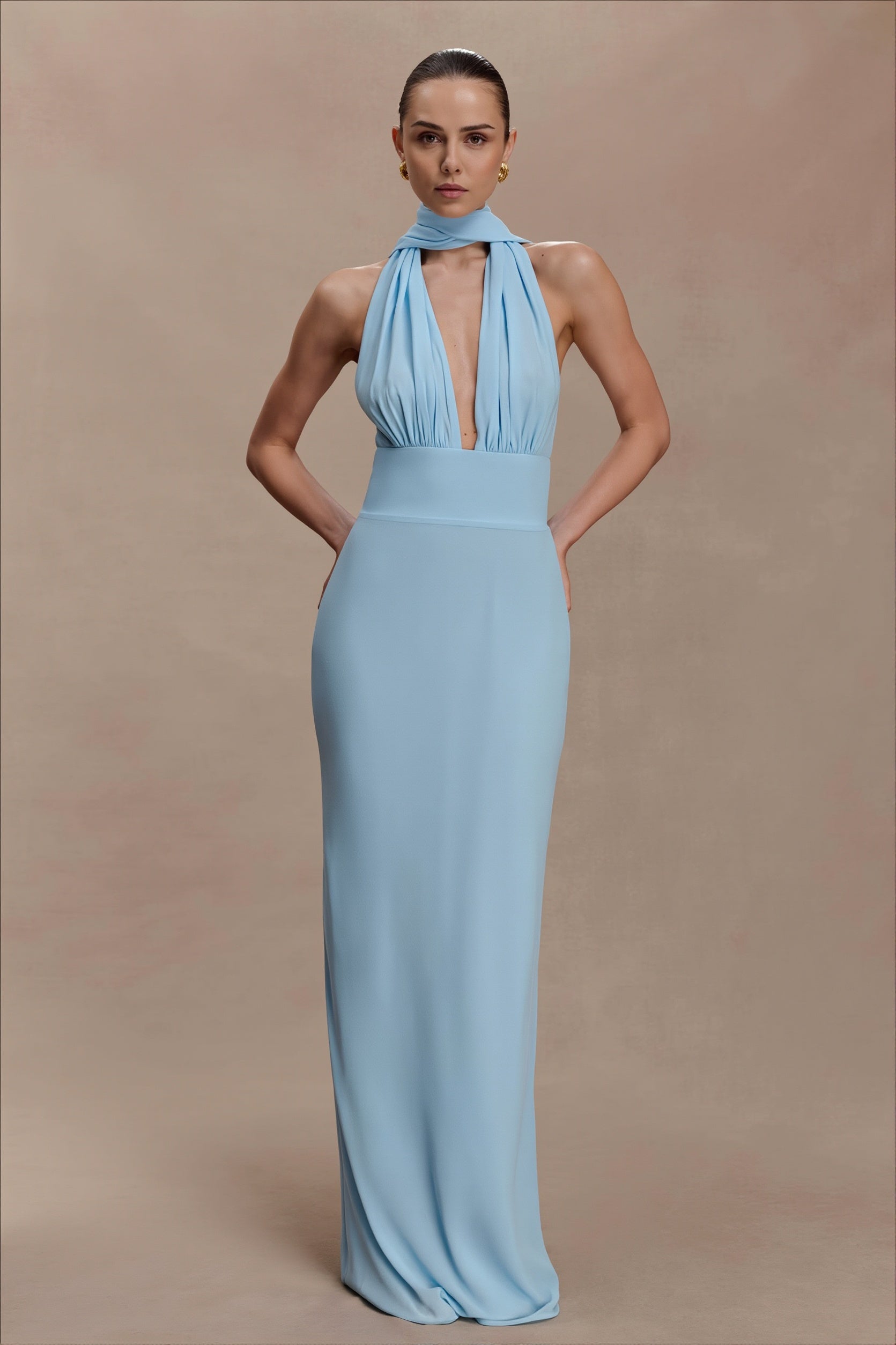 Polka Dot Deep V Tie Bodycon Maxi Dress