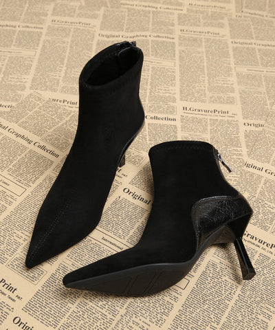 Edle, bequeme Stiletto-Stiefel aus schwarzem Wildleder mit spitzer Zehenpartie 