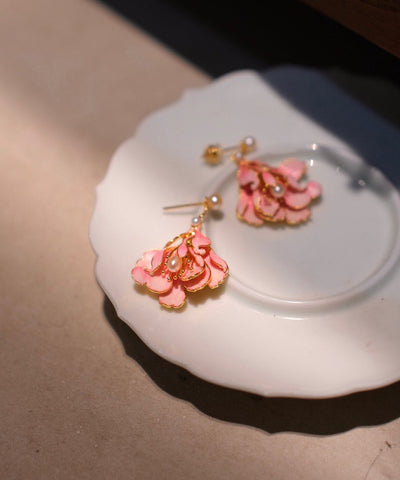 Cute Pink Alloy Pearl Enamel Jade Orchid Drop Earrings
