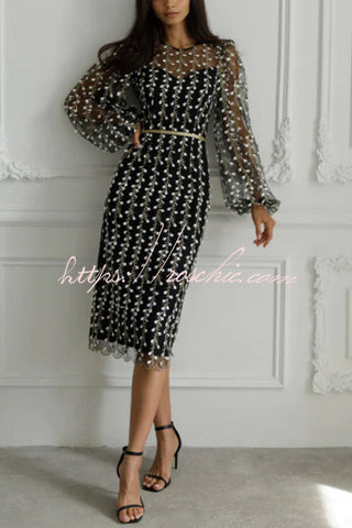 Vestido midi ajustado con mangas abullonadas transparentes y bordado Floral Passions 