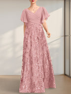 A-Linien-Kleid mit V-Ausschnitt, bodenlang, aus Spitze, Pailletten und Chiffon, ideal für die Mutter der Braut, mit Falten