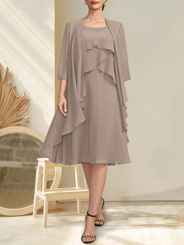 A-Linien-Chiffonkleid mit Rundhalsausschnitt und Perlenstickerei, knielang, für die Mutter der Braut