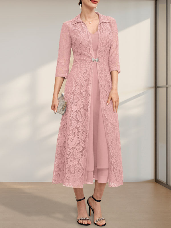 A-Linien-Chiffonkleid mit V-Ausschnitt und Teelänge für die Mutter der Braut