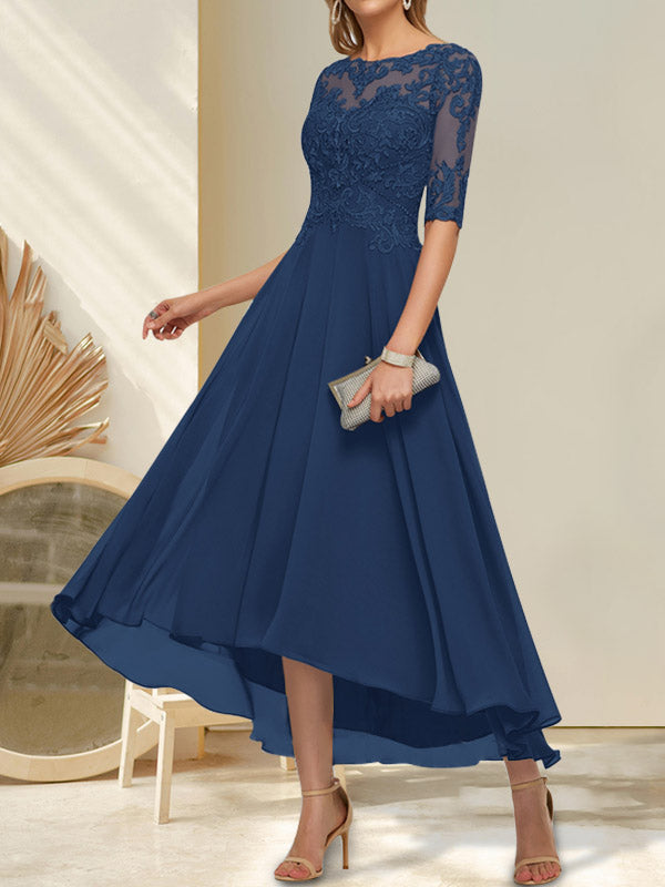 A-Linien-Kleid mit U-Boot-Ausschnitt, Illusion-Effekt, asymmetrischem Chiffon-Spitzenbesatz und Paillettenstickerei für die Mutter der Braut.
