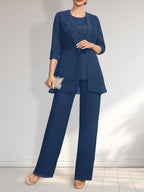 Jumpsuit/Hosenanzug-Set, bodenlanges Chiffon-Spitzenkleid mit Pailletten für die Mutter der Braut mit Rundhalsausschnitt