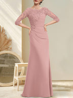 A-Linien-Kleid aus Chiffon und Spitze in Bodenlänge für die Mutter der Braut mit Perlenstickerei, Falten und Pailletten