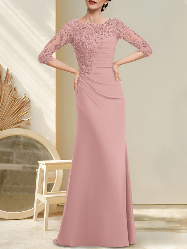 Vestido de gasa para madre de la novia, corte A, largo hasta el suelo, con encaje, cuentas y lentejuelas plisadas