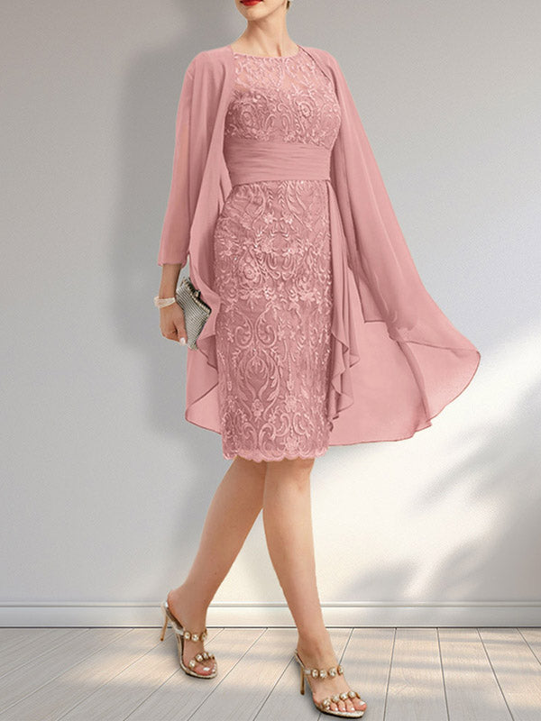 Etuikleid mit Rundhalsausschnitt, Illusion-Effekt, knielang, aus Chiffon mit Spitze, Rüschen und Pailletten – ideal für die Mutter der Braut