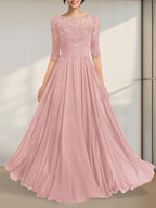 A-Linien-Kleid mit Illusion-Ausschnitt, bodenlang, aus Chiffon und Spitze, mit plissierten Pailletten und V-Ausschnitt für die Mutter der Braut