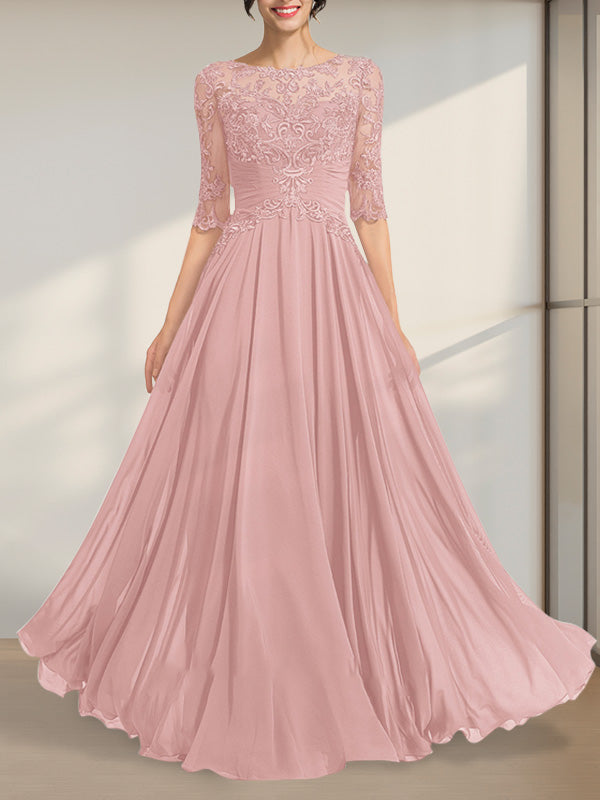 A-Linien-Kleid mit Illusion-Ausschnitt, bodenlang, aus Chiffon und Spitze, mit plissierten Pailletten und V-Ausschnitt für die Mutter der Braut