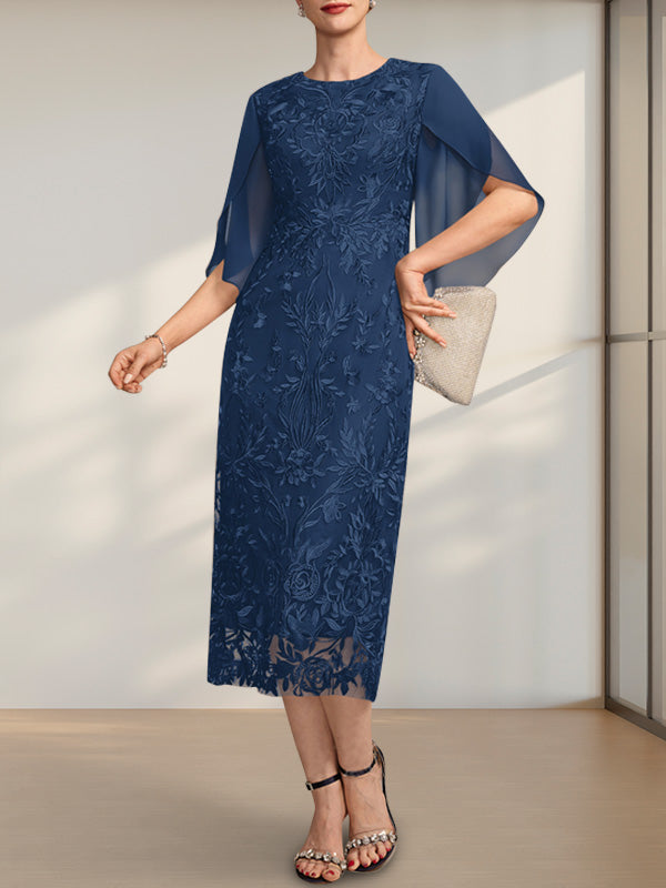 Etuikleid/Säulenkleid mit Rundhalsausschnitt, Teelänge, aus Spitze und Chiffon, ideal für die Mutter der Braut