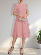 A-Linien-Kleid mit Rundhalsausschnitt, Illusion-Effekt, knielang, aus Spitze und Chiffon mit Pailletten für die Mutter der Braut