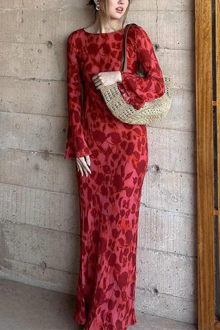 Meridress Bell Long Sleeves Floral Print Maxi Dress
