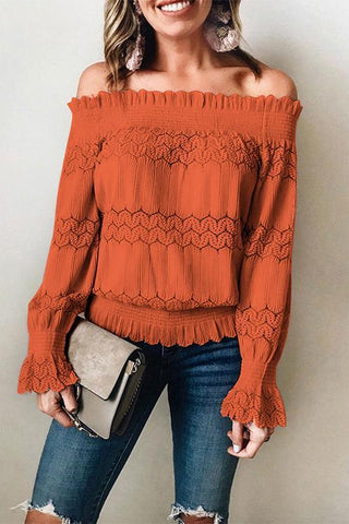 Meridress Off Shoulder Lace Crochet Ruffle Shirt
