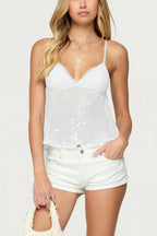 Sheer Lace Sequin Bow Cami Top