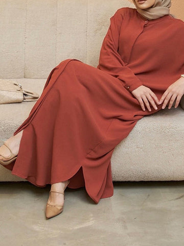 Locker geknöpfte, muslimische Maxikleider mit Fledermausärmeln, einfarbig, seitlich gespaltenem Rundhalsausschnitt 
