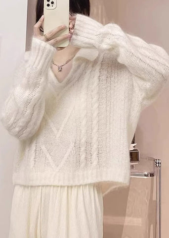 Suéteres de punto Ma Hai Mao con cuello Peter Pan blanco francés de primavera 