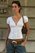 Lace Patchwork V Neck Puff Sleeve Blouse