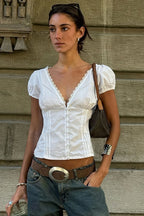 Lace Patchwork V Neck Puff Sleeve Blouse