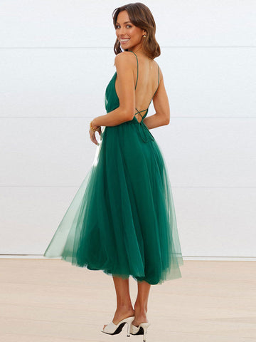 Vestido midi sin mangas con escote en V profundo de tul para fiesta de cumpleaños 