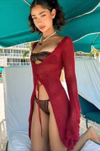 Solid Sexy V Neck Tie Knit Hollow Blouse