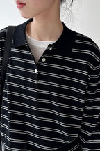 Soft Wool Striped Polo Collar Long Sleeve Long Sleeve Tee