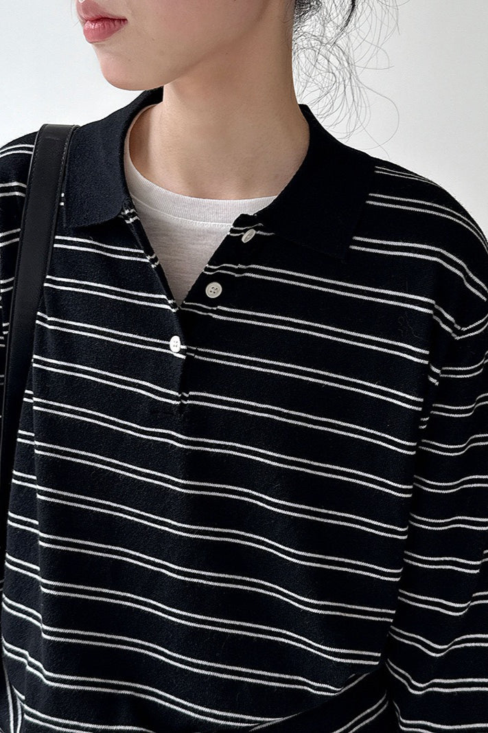 Soft Wool Striped Polo Collar Long Sleeve Long Sleeve Tee