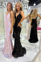 Mermaid V Neck Sequined Lace Long Prom Dress