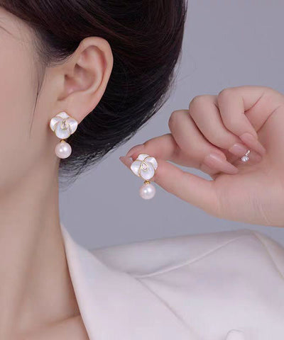 Chic White Sterling Silver Overgild Zircon Pearl Camellia Flower Drop Earrings