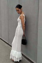 Boho Ruffle Knit Sexy Cutout Sheer Cami Maxi Dress