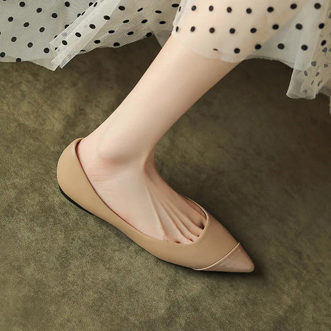 French versatile pointed Mary Jane shoes women's flat bottomed flat heels shallow cut patchwork mesh red single shoes