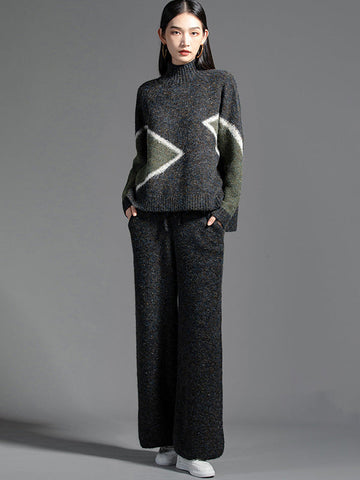 Casual Long Sleeves Loose Contrast Color Jacquard High-Neck Sweater Tops