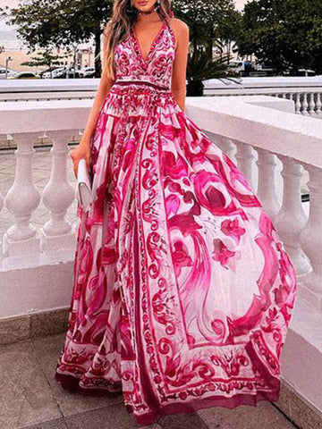 Vestido largo estampado de moda con cuello halter y espalda descubierta 