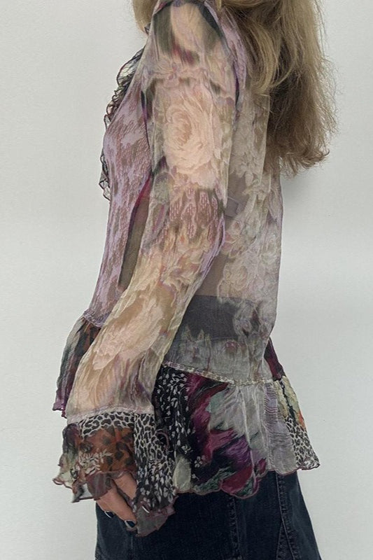 Tie Dye Mesh Ruffle Flare Sleeve Blouse