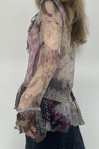 Tie Dye Mesh Ruffle Flare Sleeve Blouse