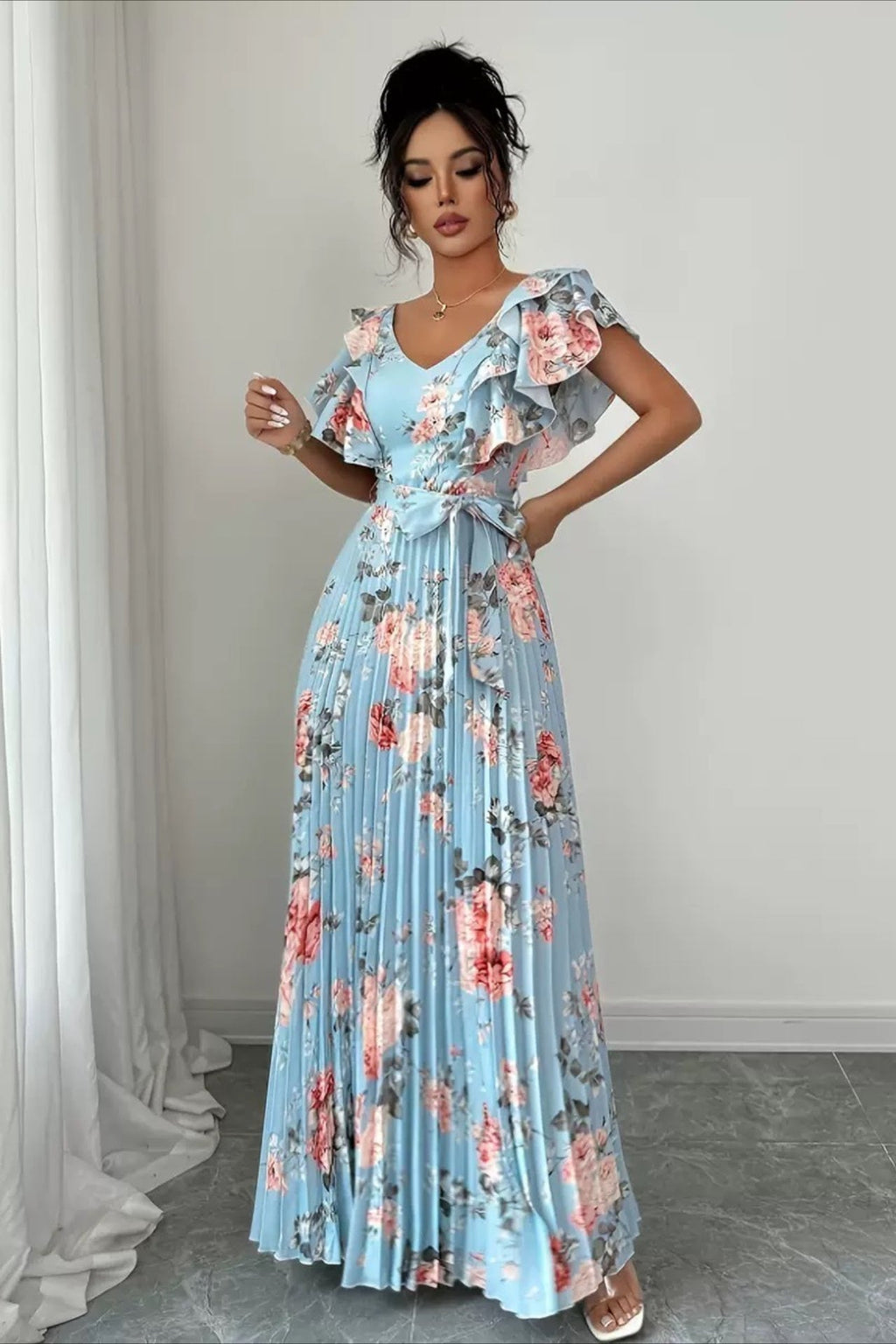 Floral Print Ruffle Sleeve V Neck Pleated Elegant Maxi Dress