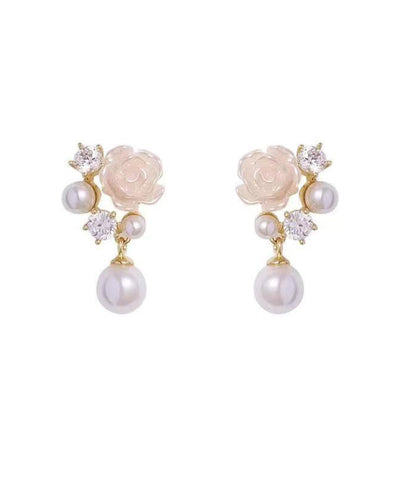 Stylish White Rose Flower Micro-Set Pearl Earrings