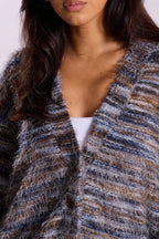New Retro Fashion Deep V-Neck Maillard Plush Long-Sleeve Knit Cardigan