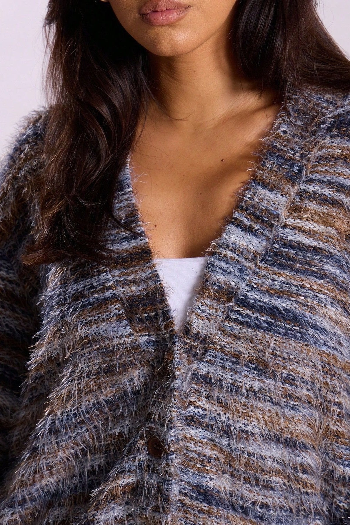 New Retro Fashion Deep V-Neck Maillard Plush Long-Sleeve Knit Cardigan
