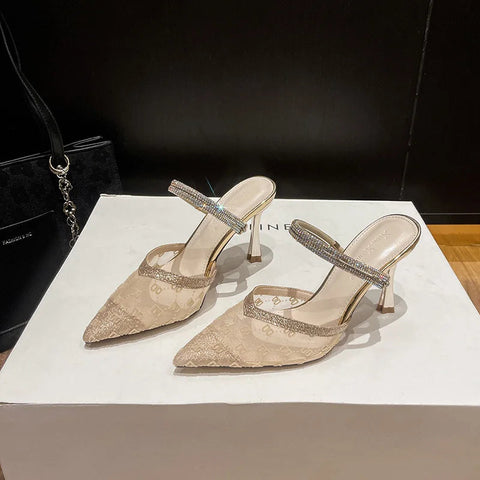 Sandalias de mujer nuevas de tacón fino y puntiagudo, de malla, con tiras de una sola línea y tacón medio abierto. 