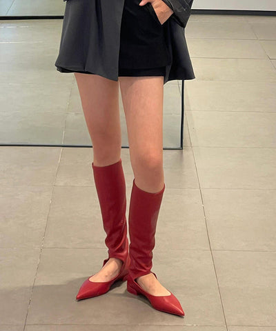 Stilvolle Rote Spleißstiefel Aushöhlen Spitze Zehen Reißverschluss 