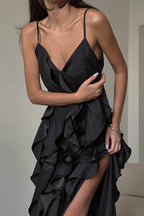 Chic Ruffle Trim V Neck Cami Slip Maxi Dress