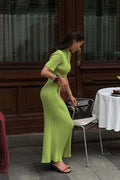 Candy Color Round Neck Short Sleeve Bodycon Knitted Maxi Dress
