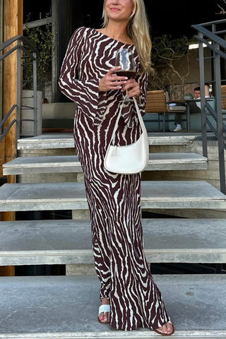 Meridress Boat Neck Bell Sleeves Animal Print Maxi Dress