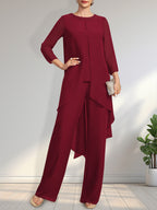 Zweiteiliger Jumpsuit/Hosenanzug, bodenlanges Chiffonkleid für die Mutter der Braut mit Paillettenbesatz und Rundhalsausschnitt.