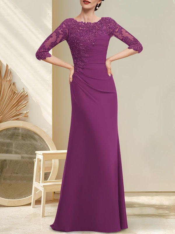 A-Linien-Kleid aus Chiffon und Spitze in Bodenlänge für die Mutter der Braut mit Perlenstickerei, Falten und Pailletten