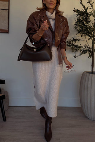 Meridress Vintage-Motorradjacke aus Kunstleder mit Revers und Reißverschluss